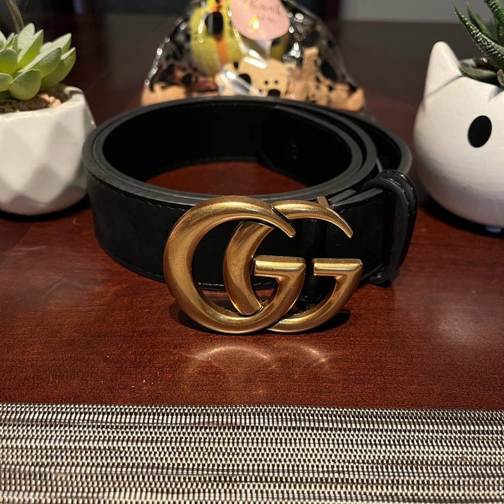 🔥 Authentic Gucci Black Leather Dbl GG Bronze Buckle Belt. Size 40-100. W x 1.5